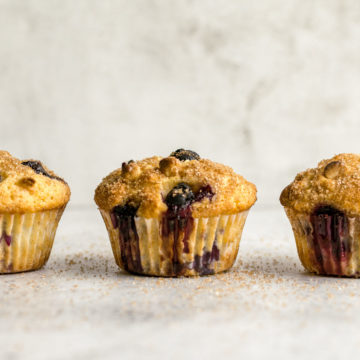 Three White Chocolate Blueberry Muffins in a row.