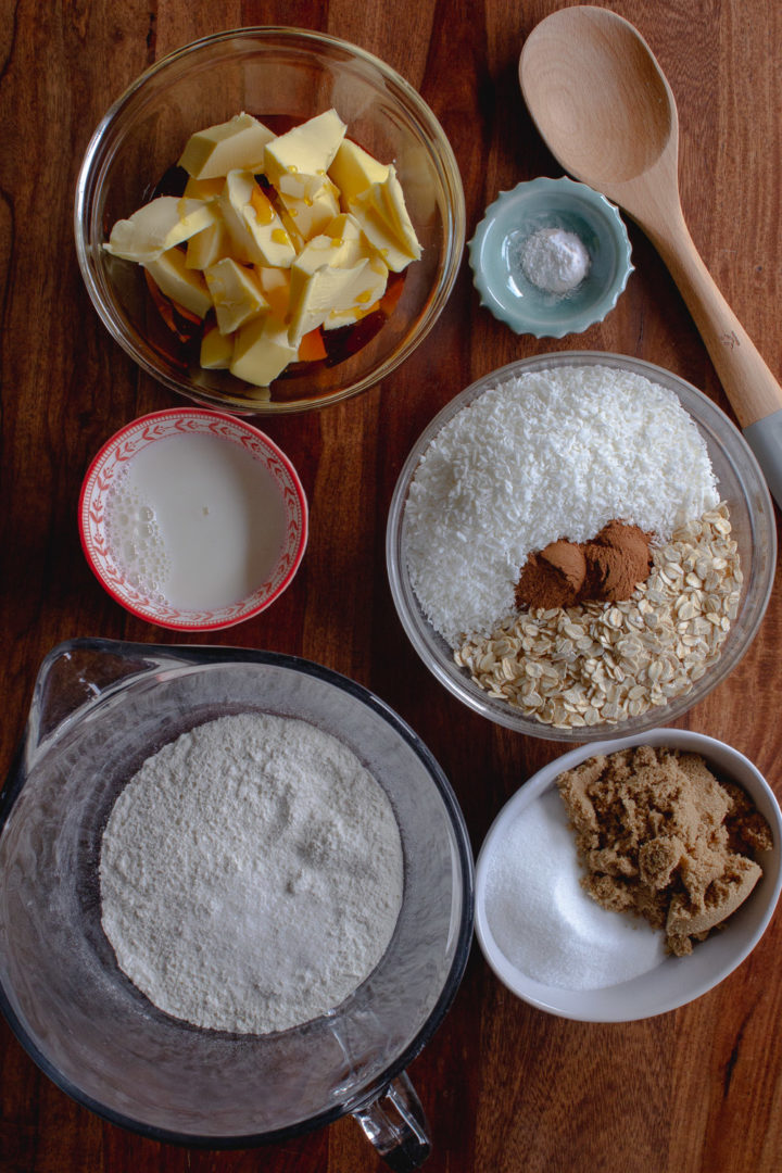 Anzac Biscuits Ingredients in bowls
