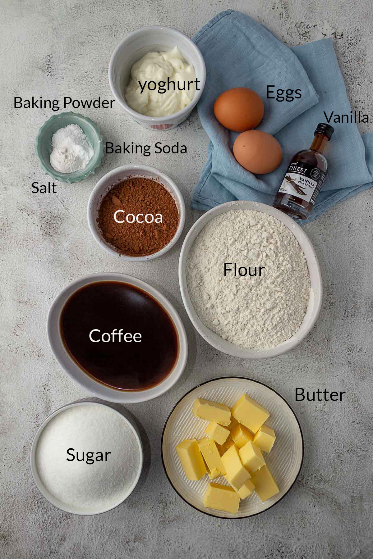 Chocolate Bundt Cake Ingredients in bowls. 