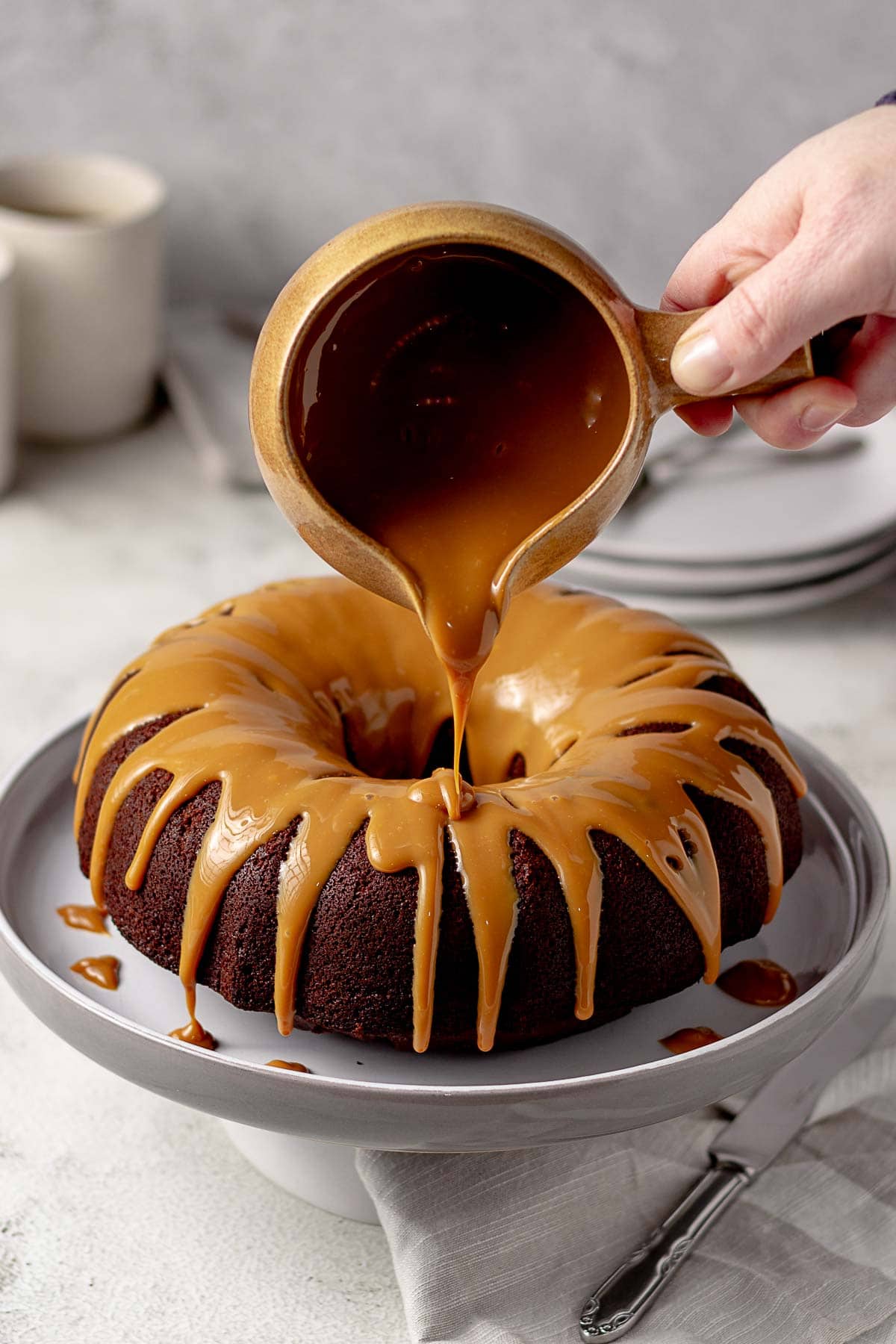 Chocolate Bundt Cake Topped with Caramel Treat or dulce de leche.