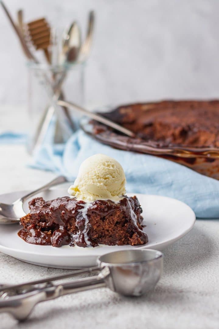Self Saucing Chocolate Pudding topped with vanilla ice-cream
