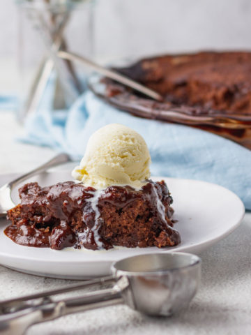 Self Saucing Chocolate Pudding topped with vanilla ice-cream.