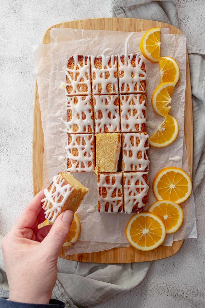 Whisk together the icing sugar and lemon juice until you have a medium-thick pouring consistency to make the glaze. Drizzle over the cooled blondie. Slice into 16 to 25 pieces and enjoy!