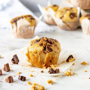 Chocolate chip muffin surrounded by chunks of chocolate.