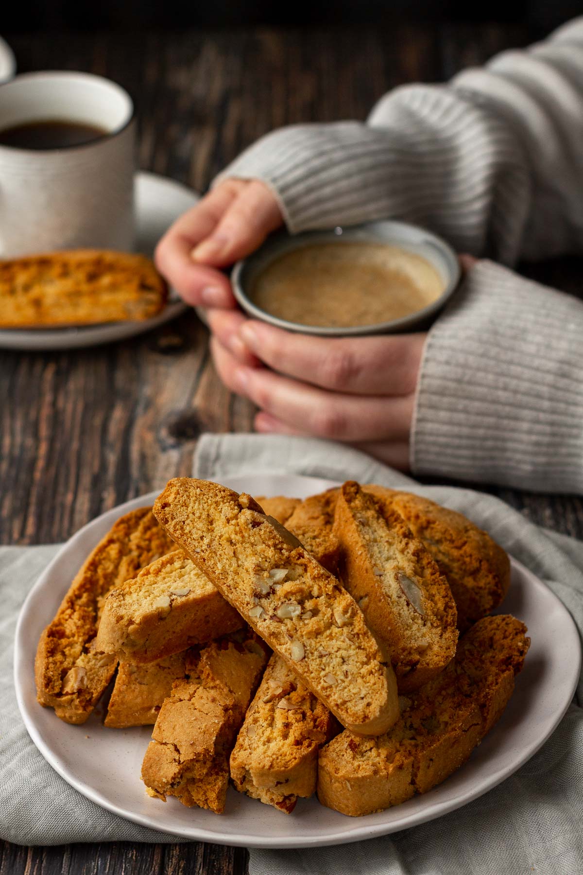 Almond Biscotti piled on a plate.