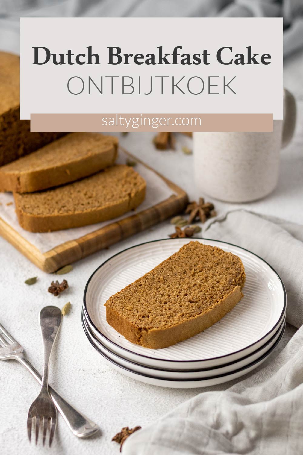 Sliced ontbitjkoek on plates with a cup of coffee.