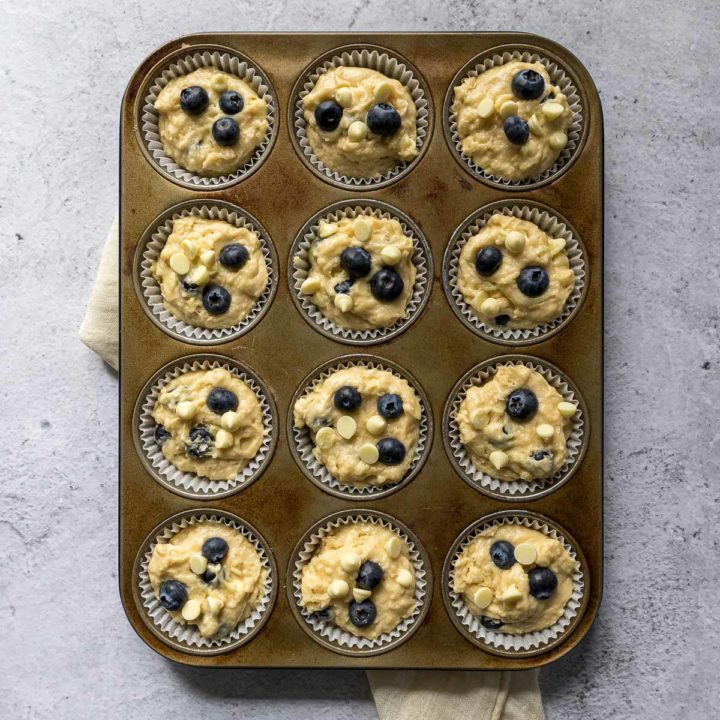 Blueberry and white chocolate muffins ready to be baked