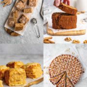 Collage of blondies, date and nut loaf, cheese scones and bakewell tart