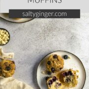 Pin - Blueberry and white chocolate muffins on a plate.