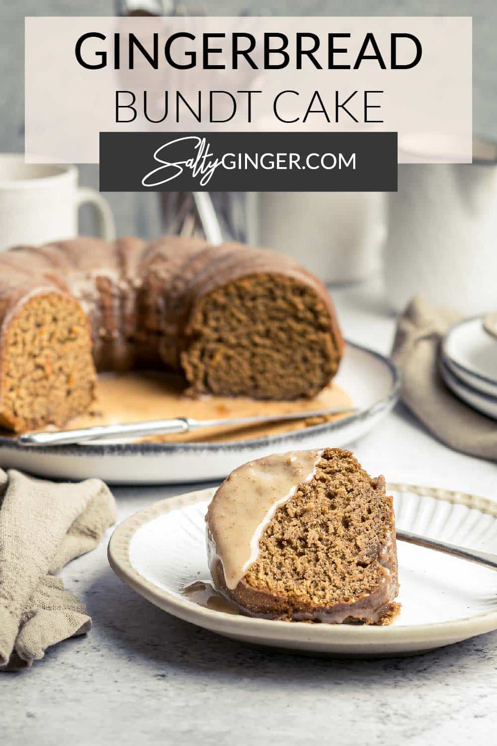 Pin - Slice of gingerbread bundt cake on a plate.