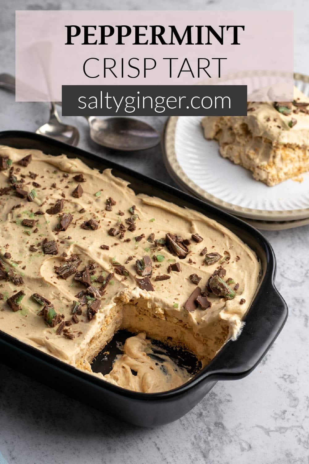 Pin - Peppermint crisp tart in a dish with a portion served on a plate.