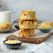 Stack of cheese and onion scones.