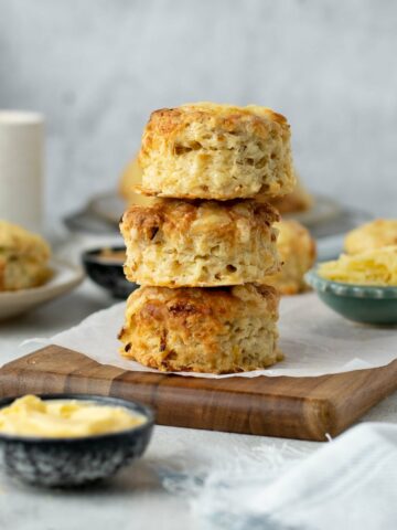 Stack of cheese and onion scones.
