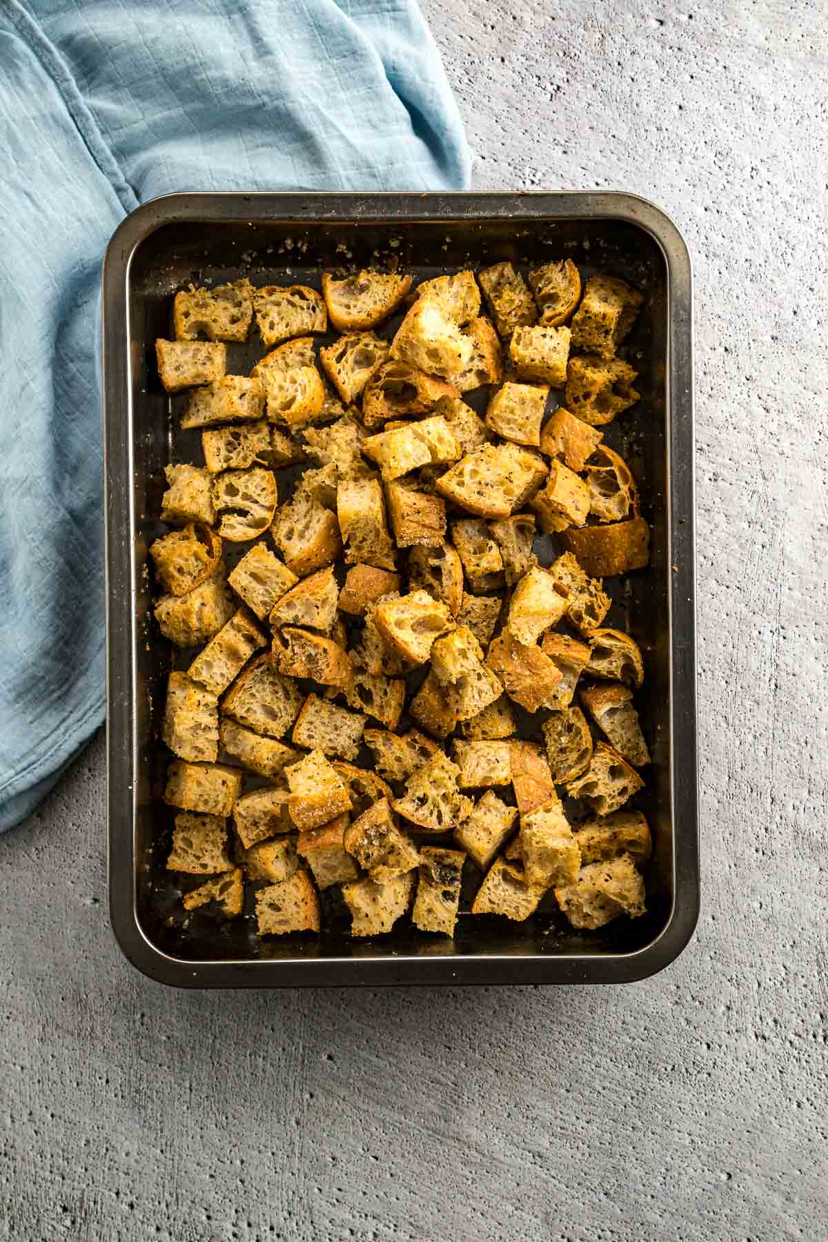 Step 5 - Crispy golden baked croutons in a baking dish.