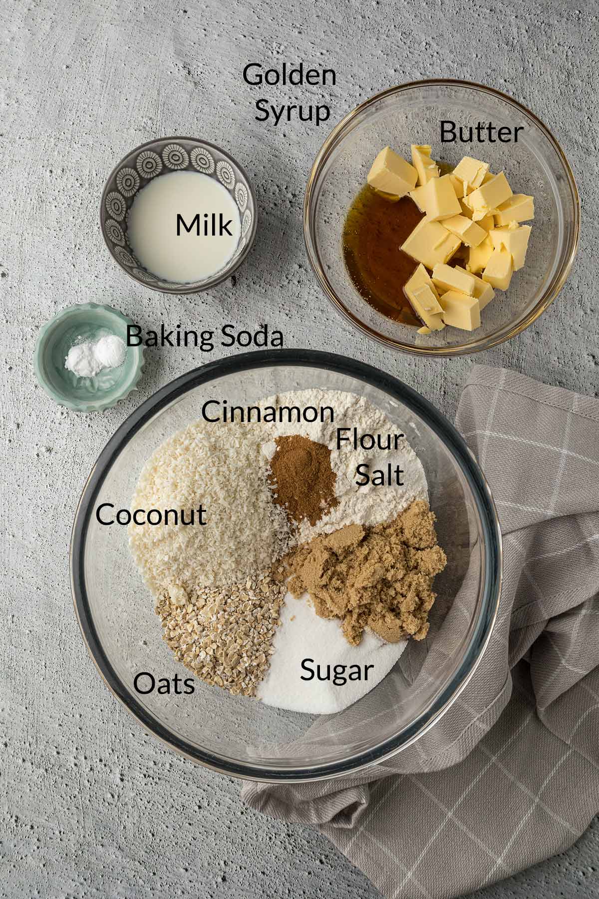 Crunchie ingredients in bowls.