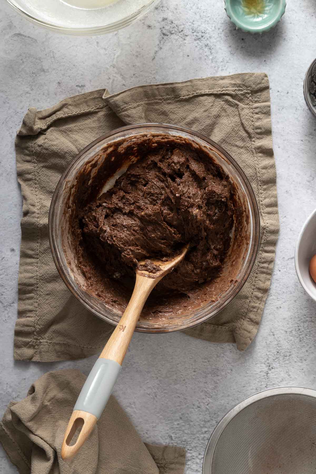 Triple chocolate muffin batter in a bowl.