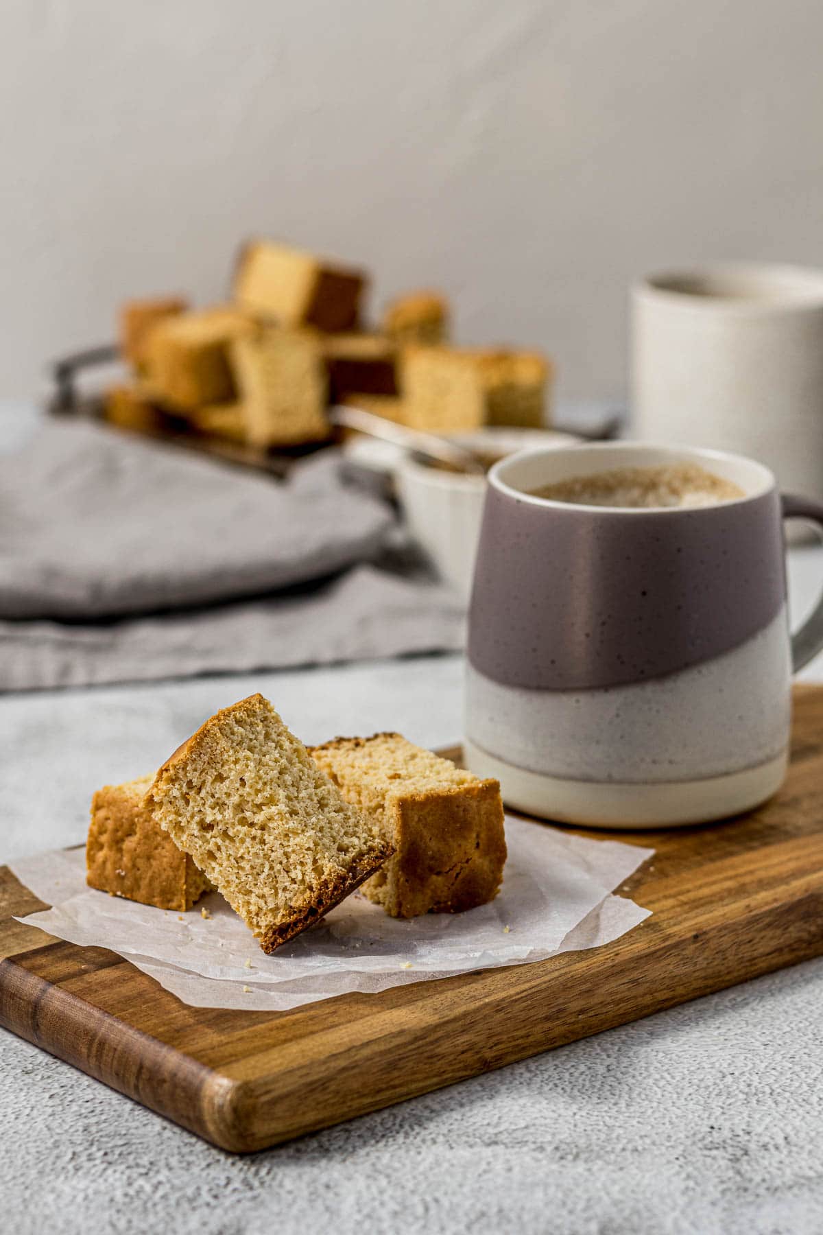 Condensed milk rusks on a plate with a cup of coffee.
