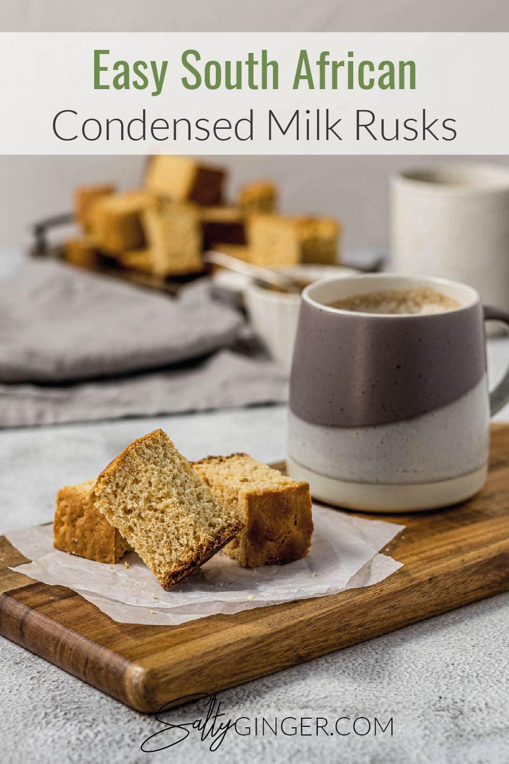 Condensed milk rusks on a plate with a cup of coffee.