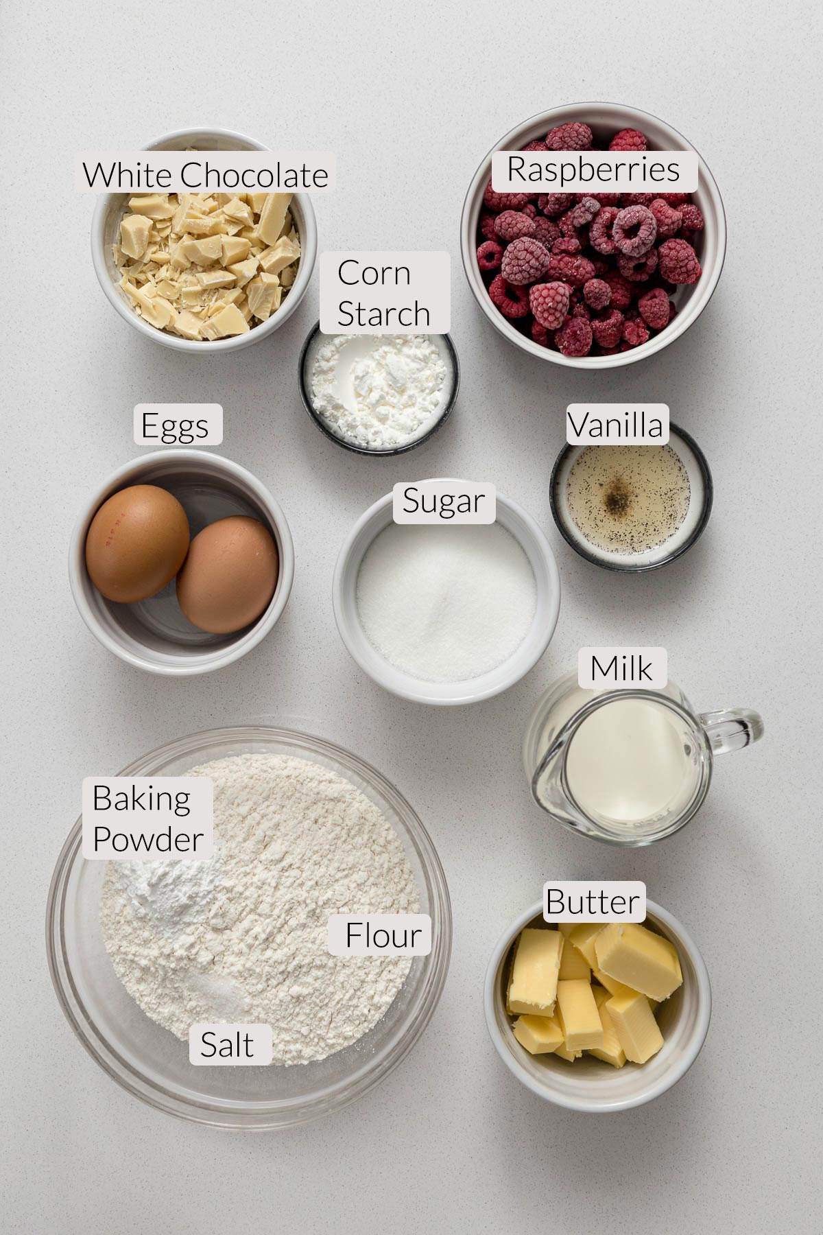 Raspberry and white chocolate loaf cake ingredients.