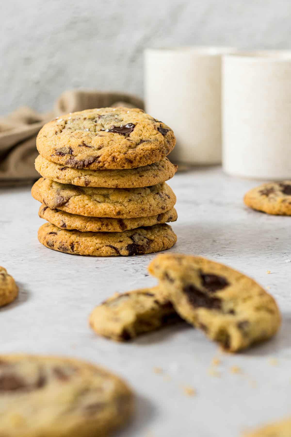 Stack of chocolate chip cookies with no brown sugar.