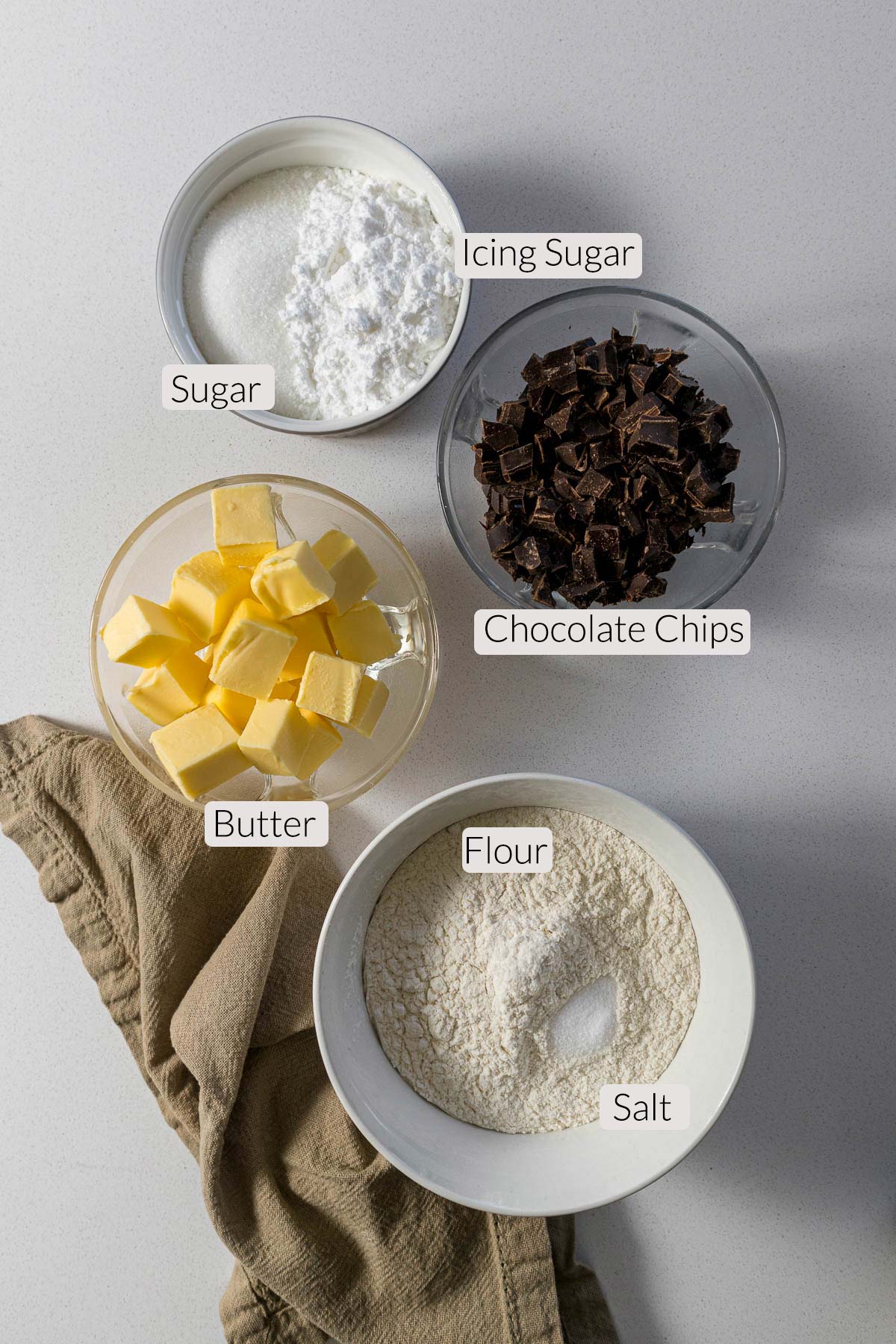 Chocolate chip shortbread ingredients.