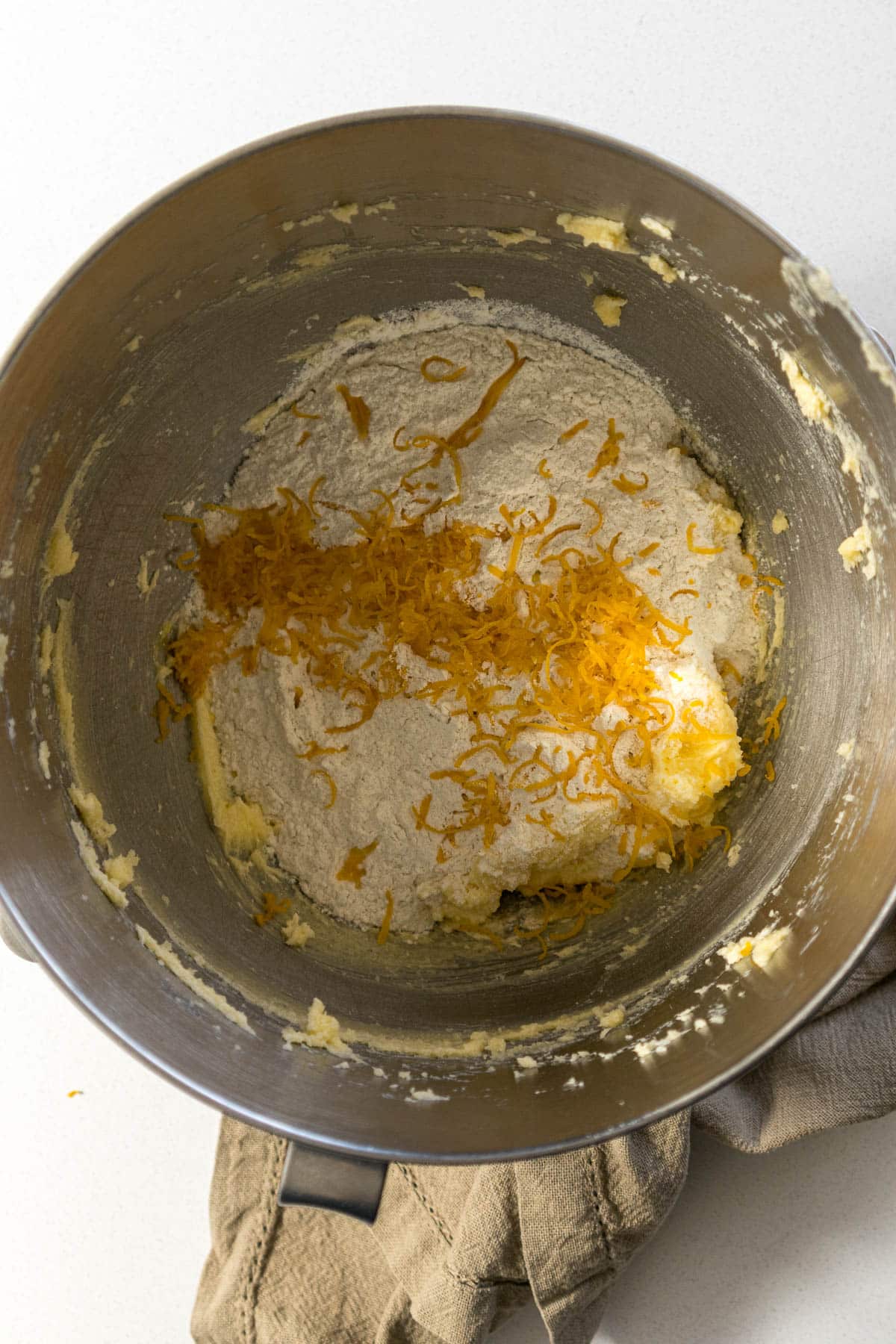 Dry ingredients added to the creamed butter and sugars.