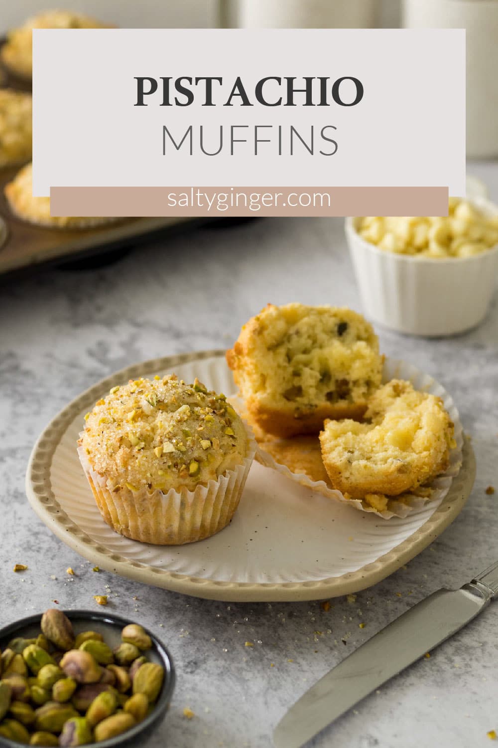 Pin - pistachio muffins on a plate.