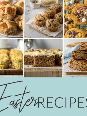 Easter recipe collage consisting of hot cross buns, muffins, scones, mini eggs cookies.