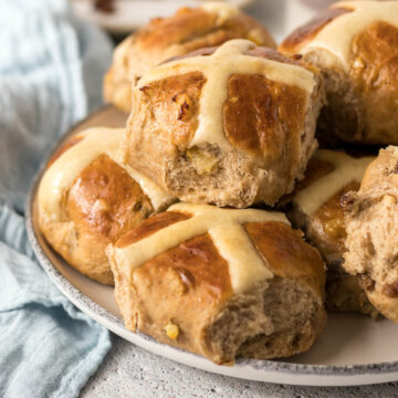 Pile of Hot Cross Buns on a Plate.