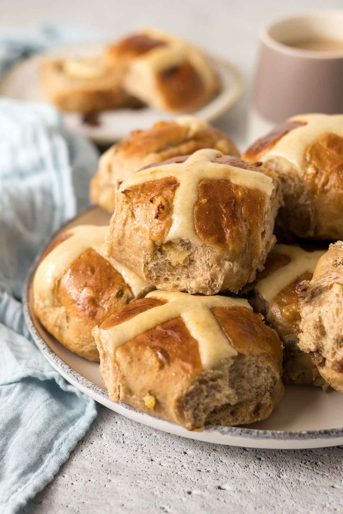 Pile of Hot Cross Buns on a Plate.