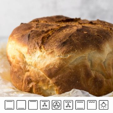 Loaf of bread with oven symbols overlaid.