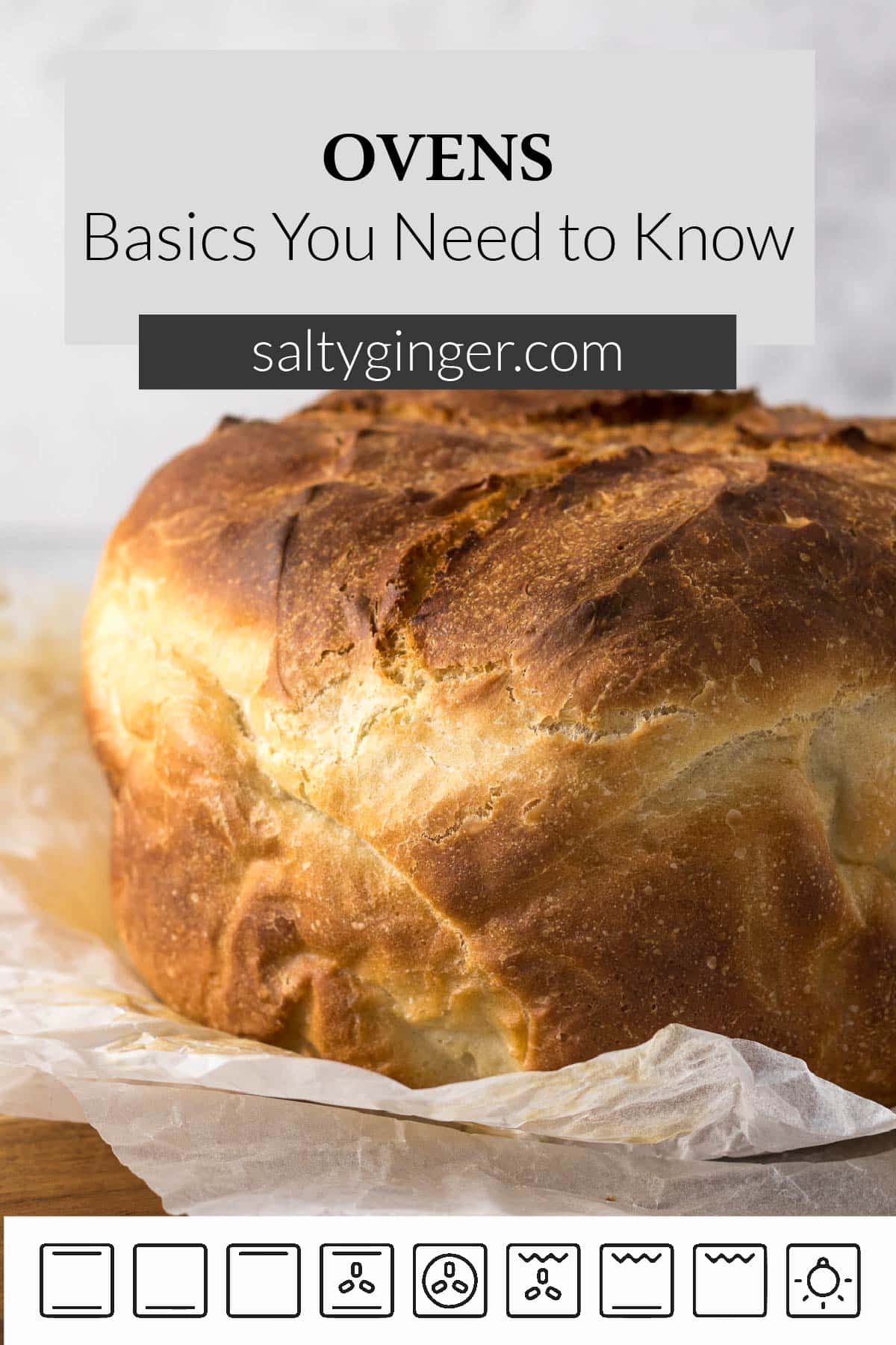 Text overlay: Ovens, Basics You Need to Know. Photo - Loaf of bread. 