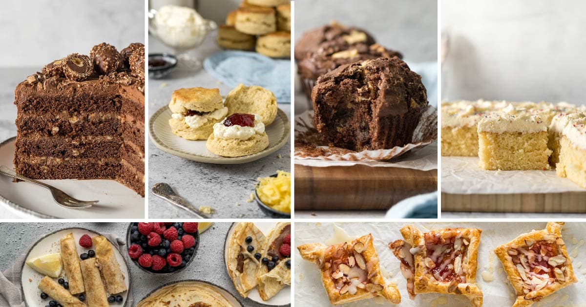 Collage of cakes, scones, muffins, pancakes and tarts.