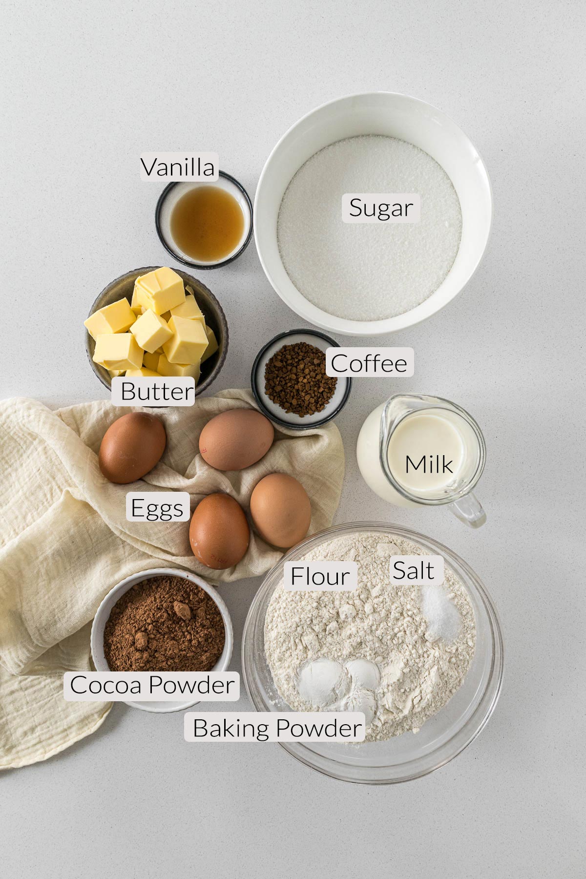 Chocolate layer cake ingredients.