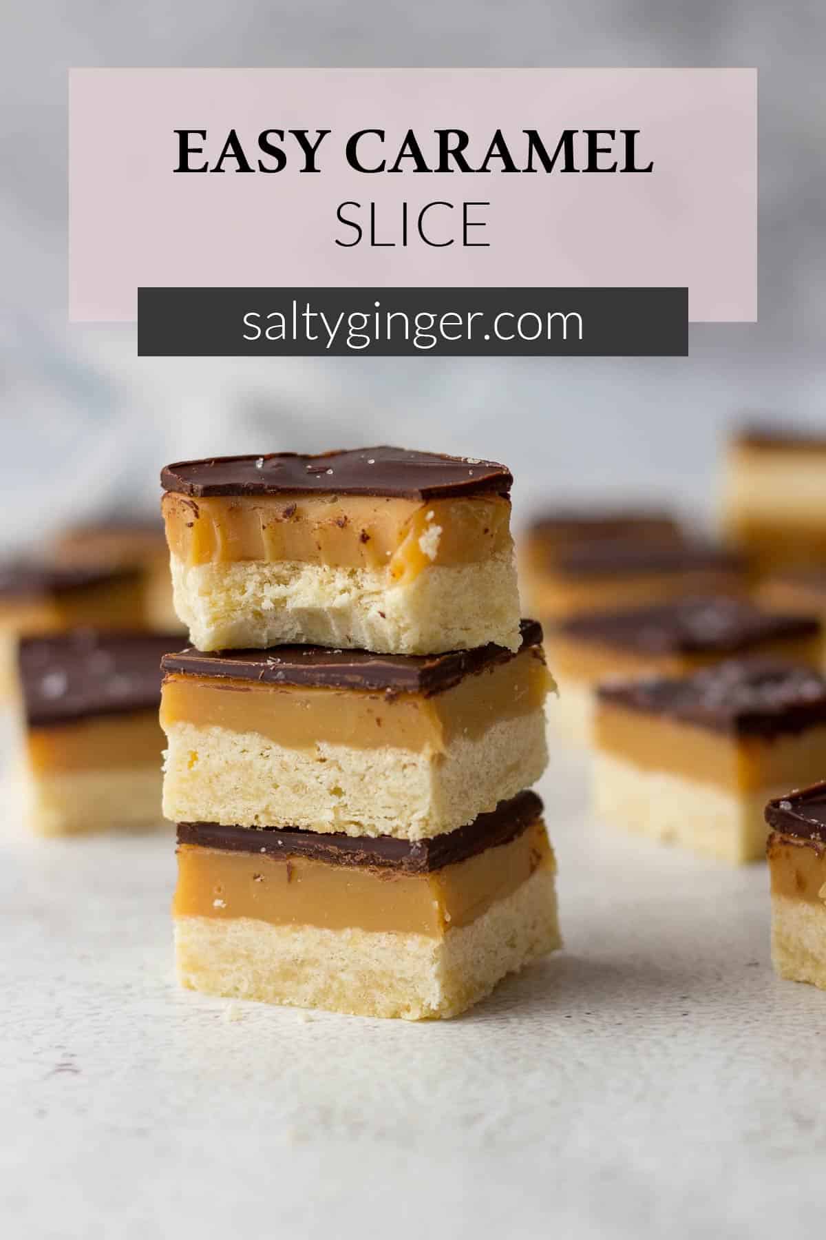 Pin - Millionaires shortbread slices stacked on each other.