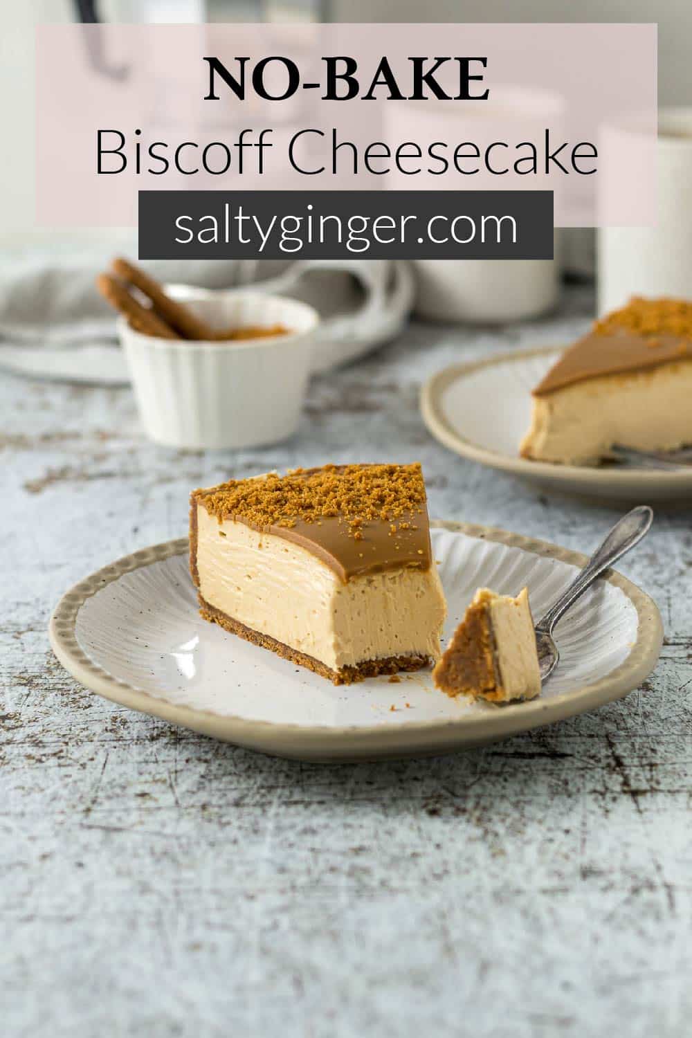 Pin - No Bake Biscoff Cheesecake on a plate.