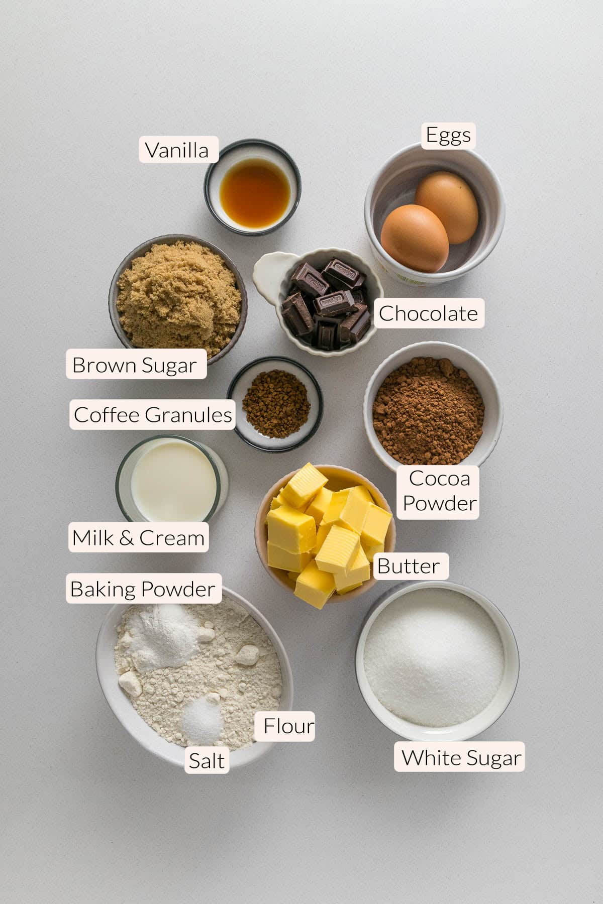 Chocolate Fudge Cake Ingredients - Flour, salt, baking powder, sugar, milk, cream, butter, cocoa powder, chocolate, vanilla, and eggs.