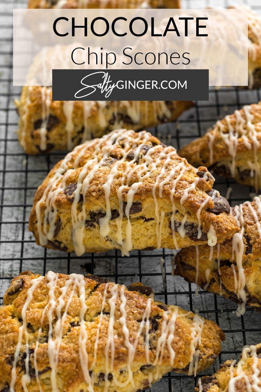 Pin - Chocolate chip scones on a wire rack.