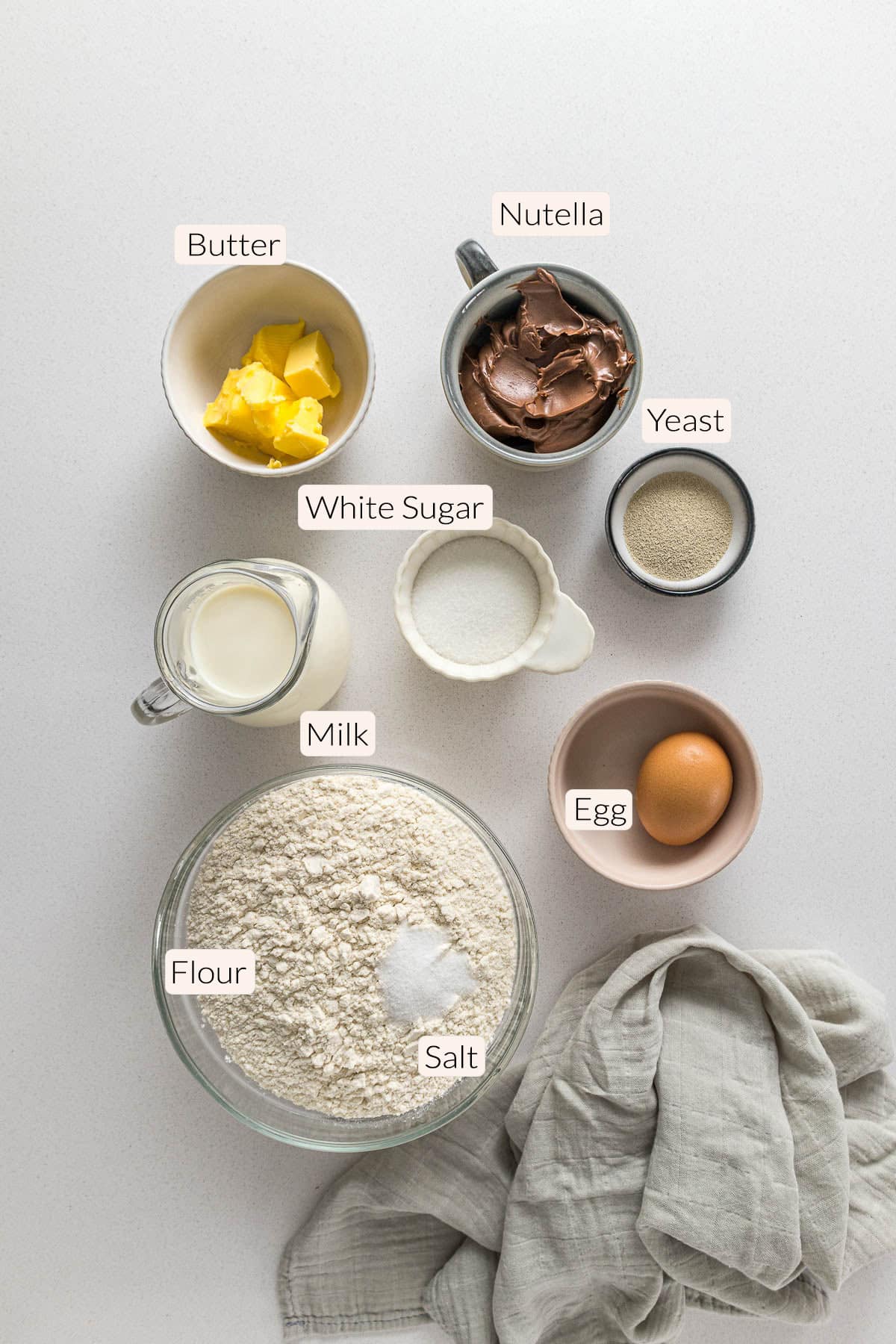 Nutella bread ingredients - Nutella, butter, milk, sugar, yeast, egg, flour and salt.