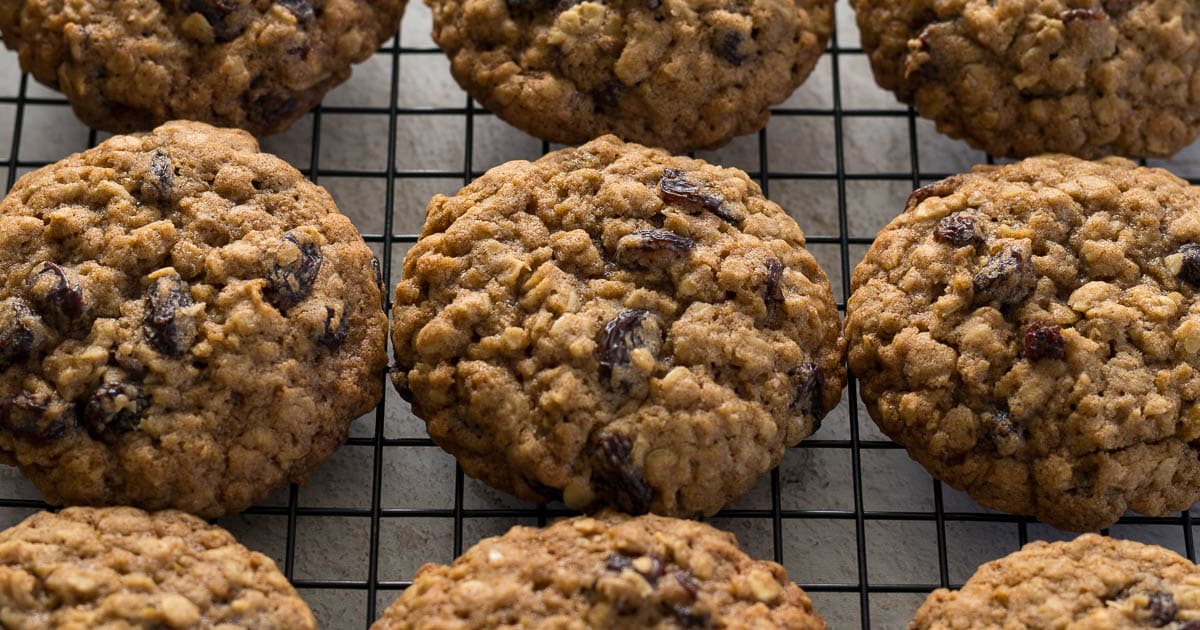 Oat and raisin cookies on a wired rack.
